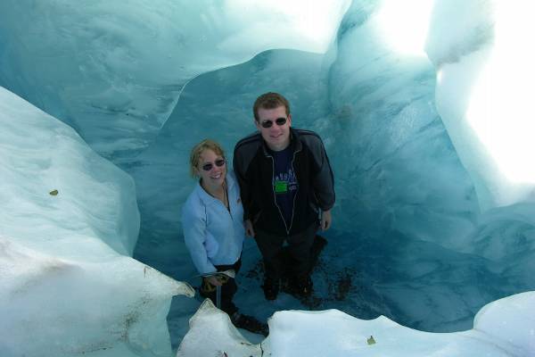 Claire and Mikey in a glacier hole